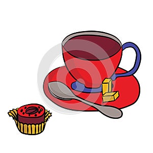 Cup of tea on a saucer with a teaspoon of sugar and slices,ÃÂ candy in a wrapper